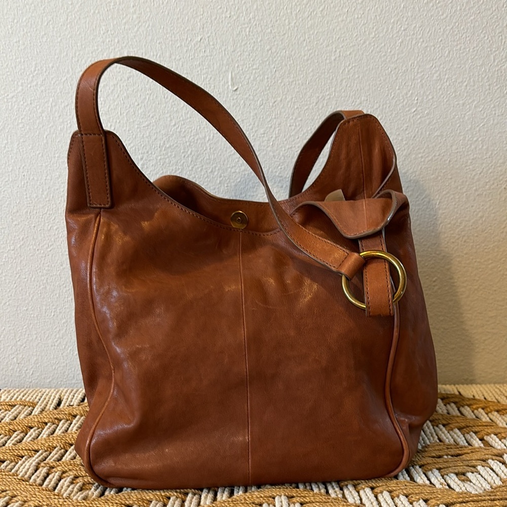 Frye Madison Leather Shoulder Bag Cognac with gold hardware